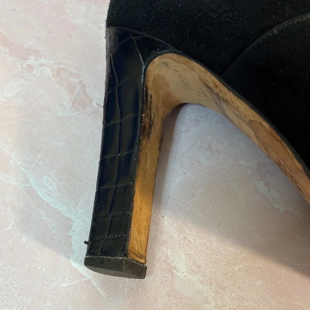 Via Spiga Genuine Leather & Suede Black Ankle Platform Heeled Booties, Side Zip